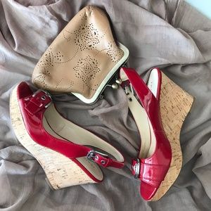 Franco Sarto Red Peep Toe Wedge Heels